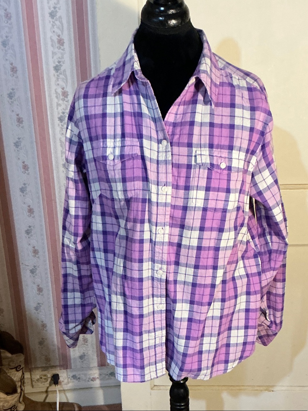 Riders by Lee Purple & White Plaid Button-Down Shirt